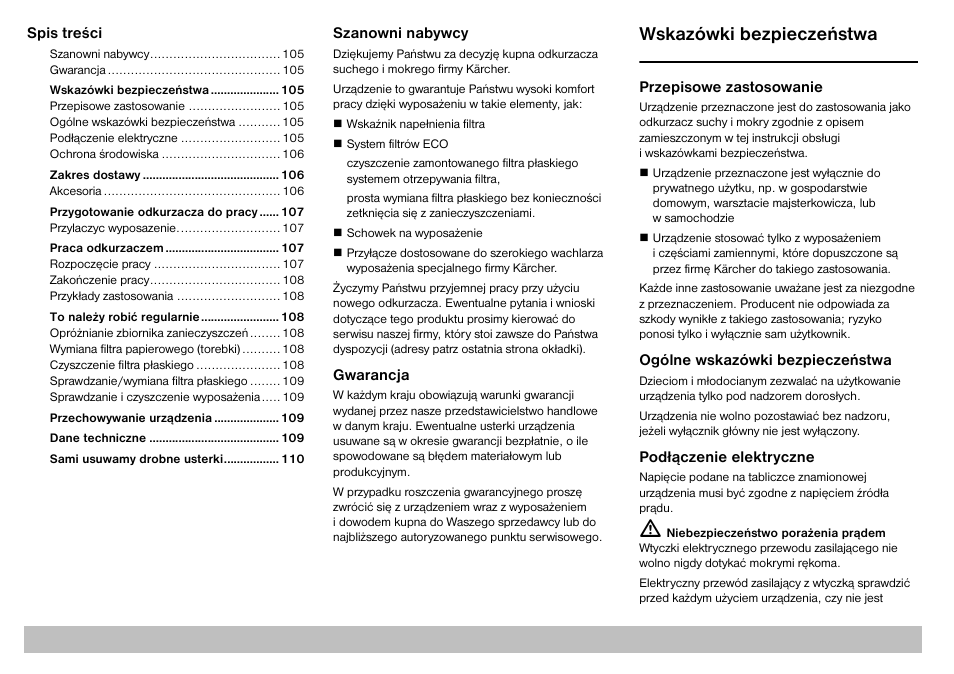 Wskazówki bezpieczeñstwa | Karcher A 2701 User Manual | Page 105 / 144