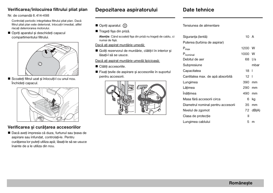 Depozitarea aspiratorului, Date tehnice | Karcher A 2701 User Manual | Page 115 / 144