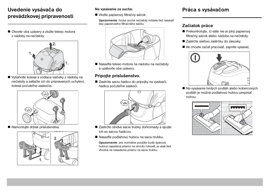 Uvedenie vysávača do prevádzkovej pripravenosti, Práca s vysávačom | Karcher A 2701 User Manual | Page 119 / 144