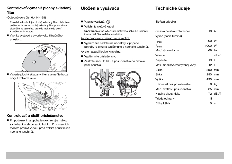 Uloženie vysávača, Technické údaje | Karcher A 2701 User Manual | Page 121 / 144