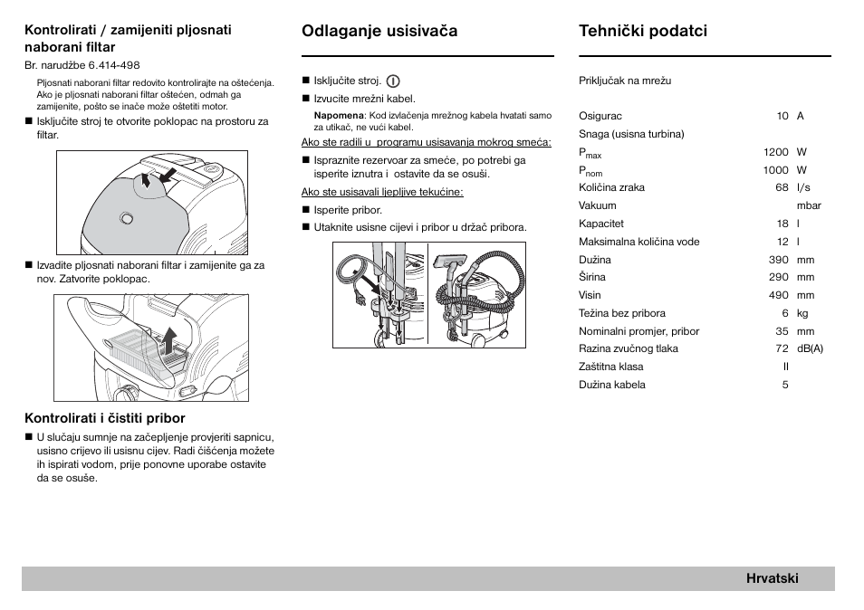 Odlaganje usisivača, Tehnički podatci | Karcher A 2701 User Manual | Page 127 / 144