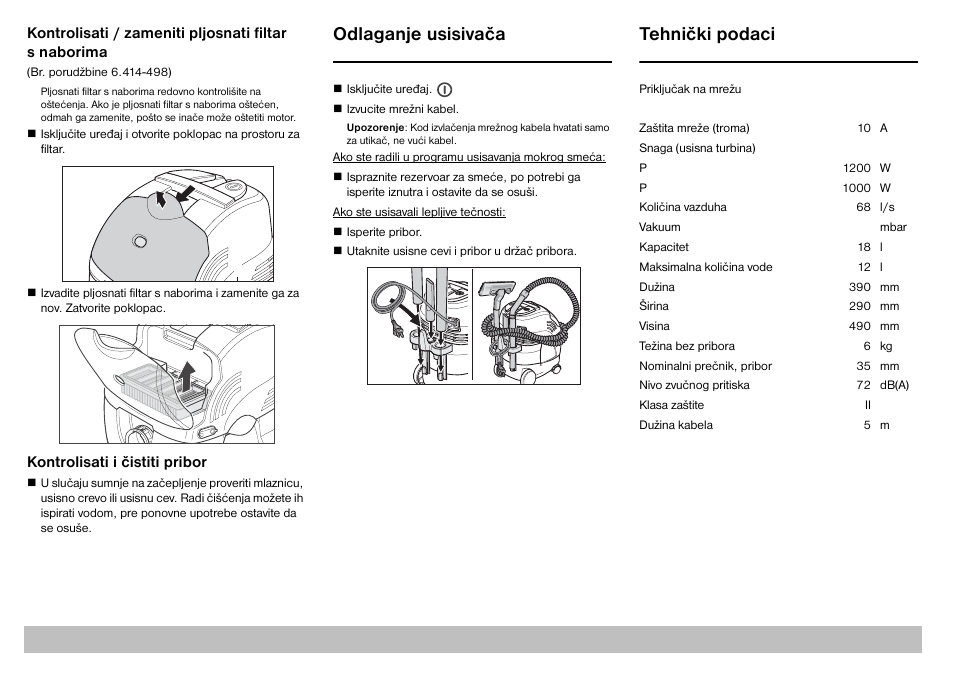 Odlaganje usisivača, Tehnički podaci | Karcher A 2701 User Manual | Page 133 / 144