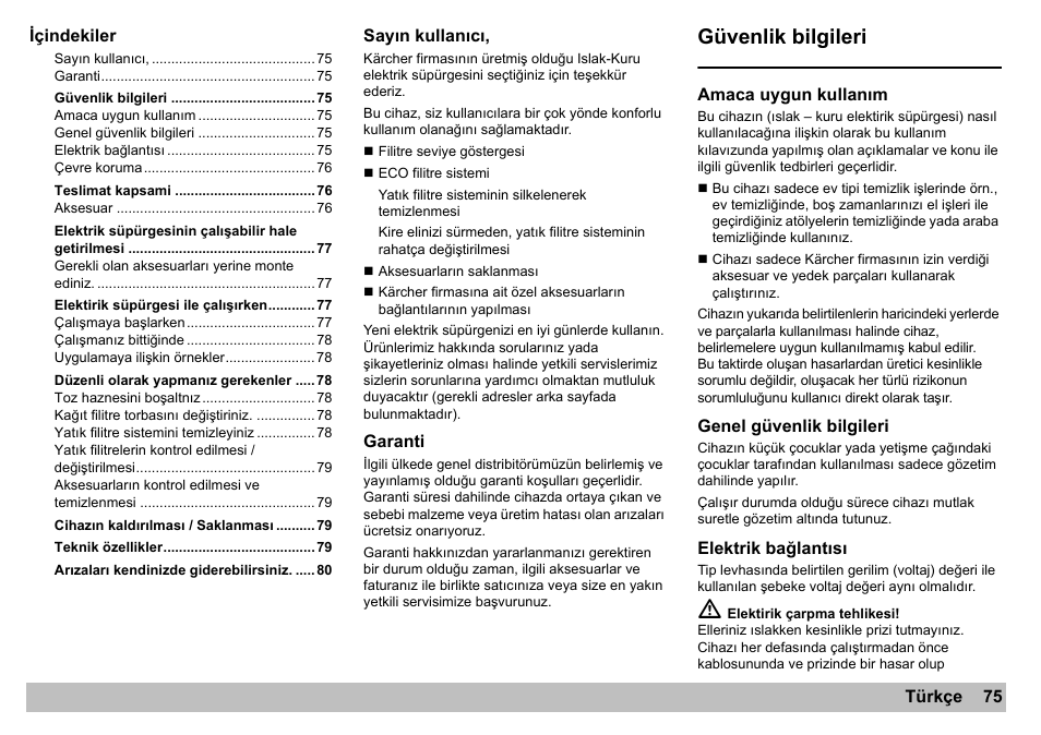 Güvenlik bilgileri | Karcher A 2701 User Manual | Page 75 / 144