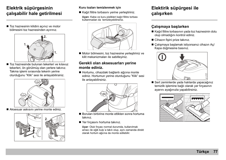 Elektrik süpürgesinin çalışabilir hale getirilmesi, Elektirik süpürgesi ile çalışırken | Karcher A 2701 User Manual | Page 77 / 144