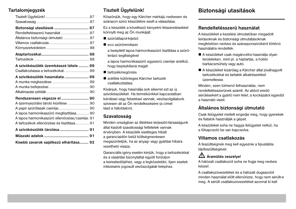 Biztonsági utasítások | Karcher A 2701 User Manual | Page 87 / 144