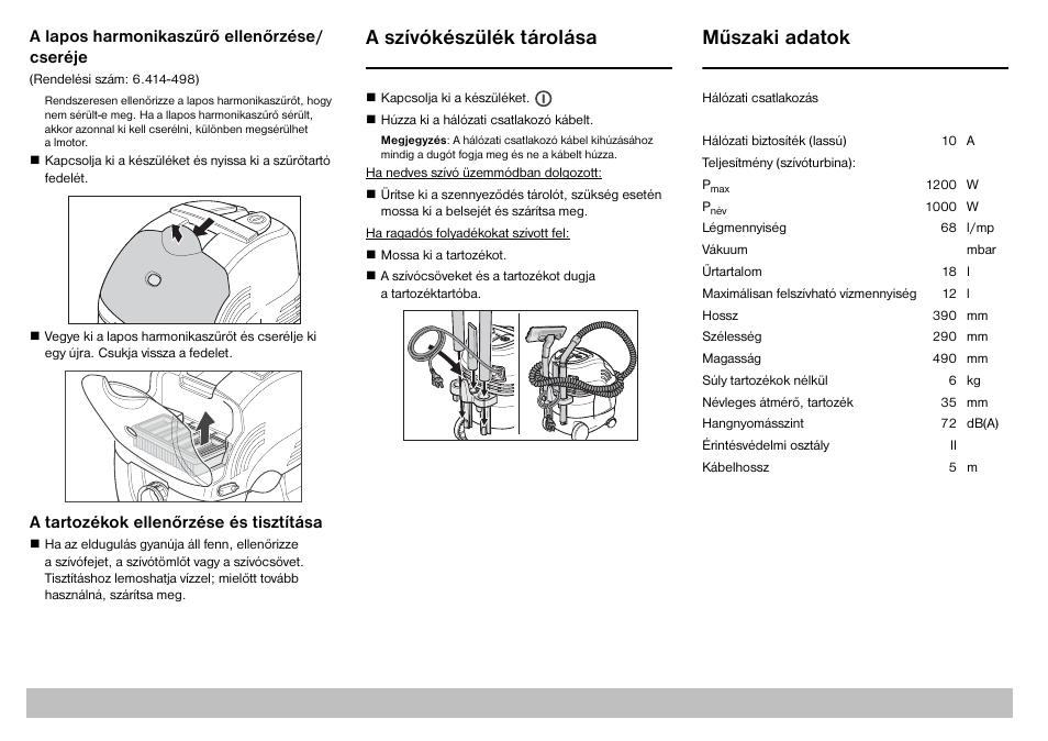 A szívókészülék tárolása, Mûszaki adatok | Karcher A 2701 User Manual | Page 91 / 144