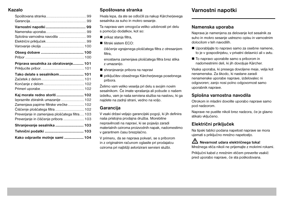 Varnostni napotki | Karcher A 2701 User Manual | Page 99 / 144