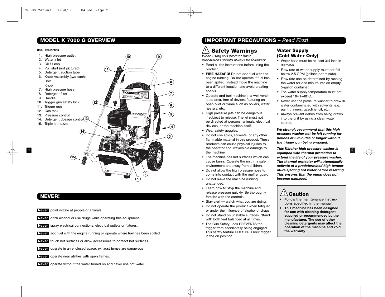 Safety warnings, Important precautions – read first, Caution | Never! model k 7000 g overview | Karcher K7000G User Manual | Page 2 / 7