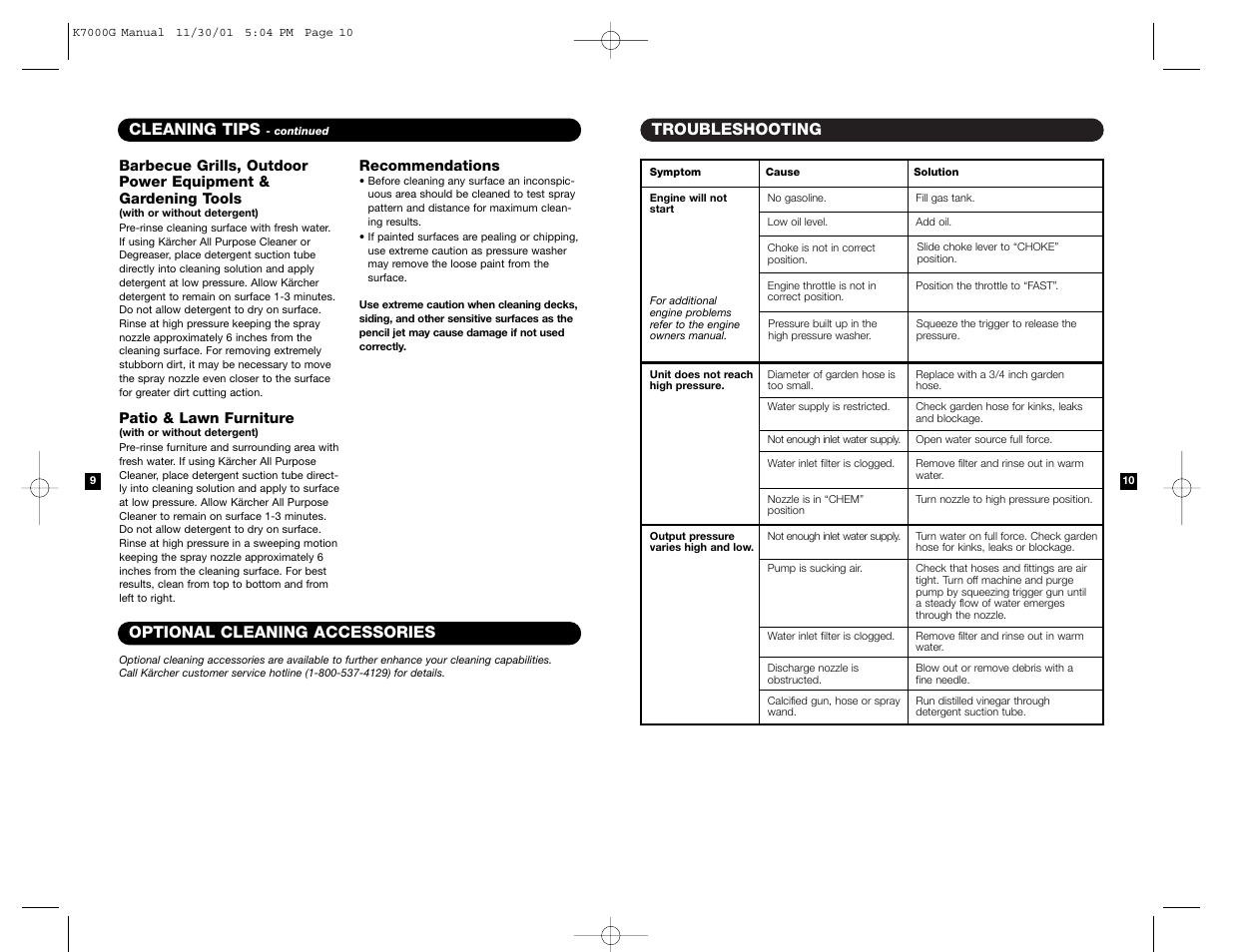 Troubleshooting, Cleaning tips, Optional cleaning accessories | Karcher K7000G User Manual | Page 6 / 7