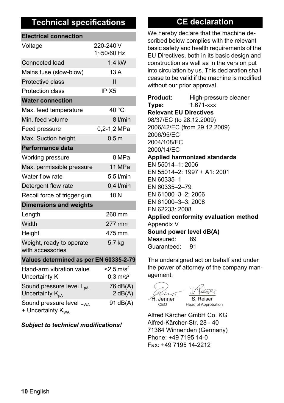 Technical specifications, Ce declaration | Karcher K 2.29 M User Manual | Page 10 / 12