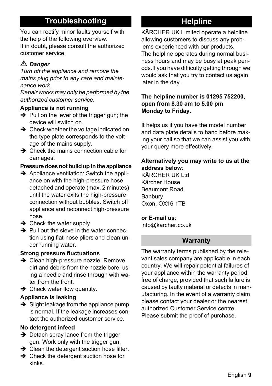 Troubleshooting, Helpline | Karcher K 2.29 M User Manual | Page 9 / 12