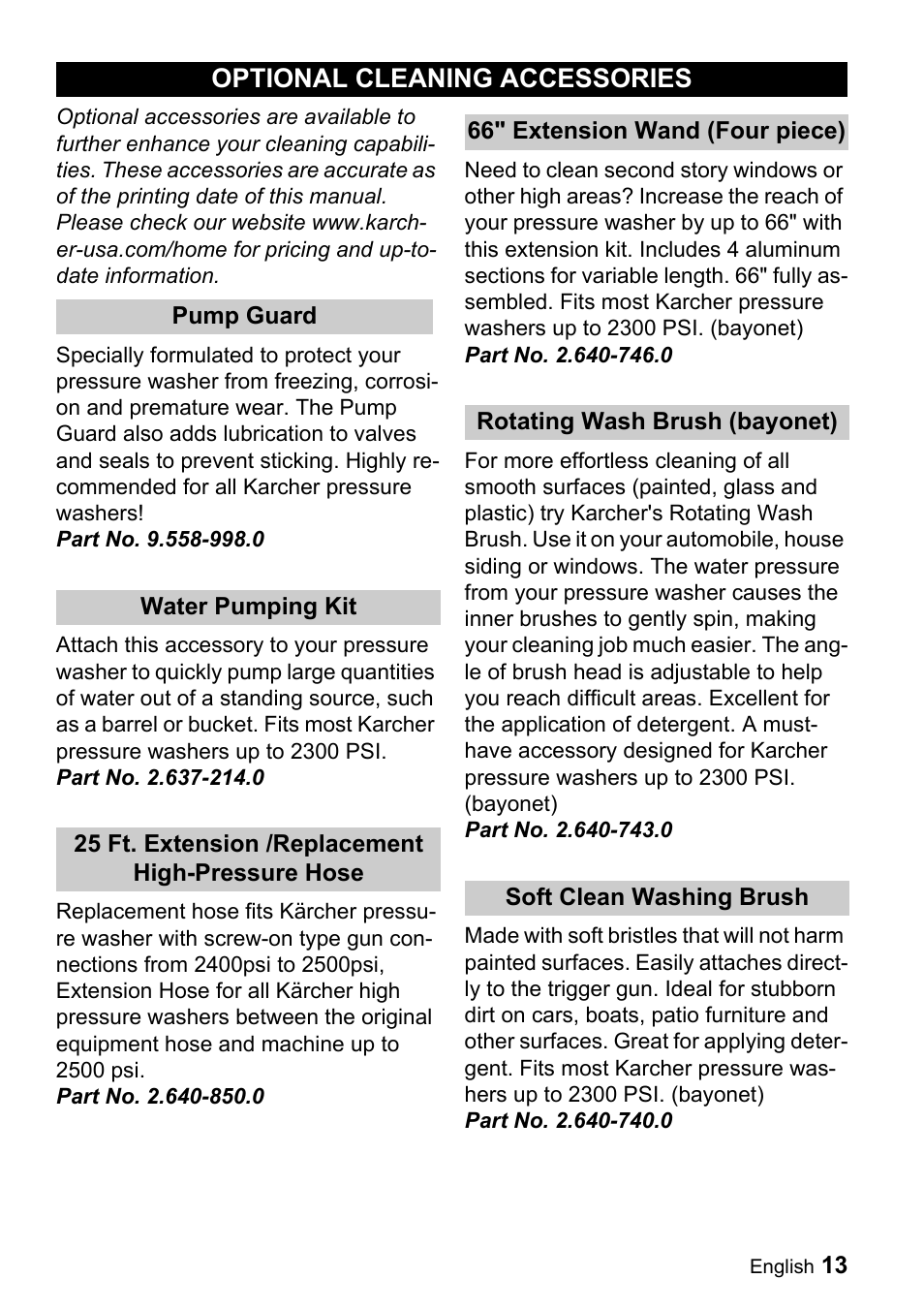 Optional cleaning accessories | Karcher K 3.99M User Manual | Page 13 / 48