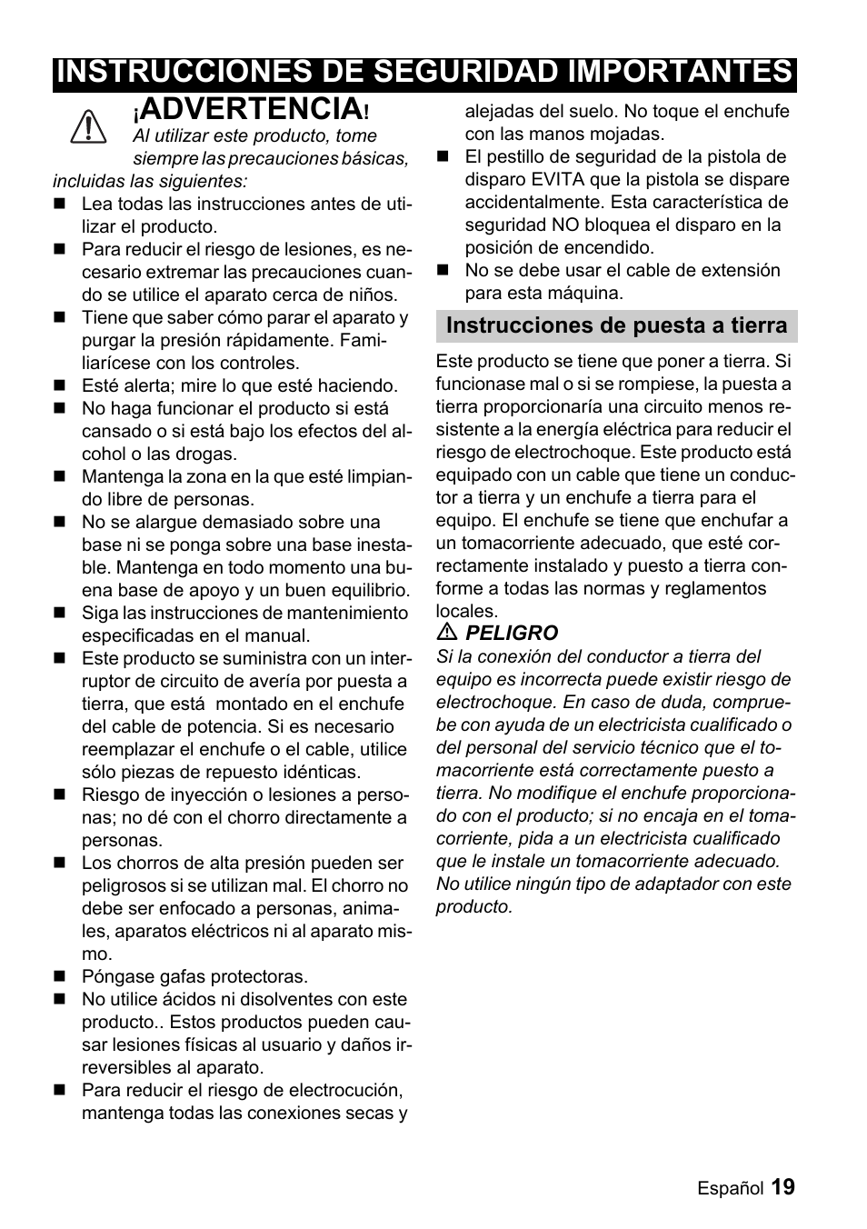 Advertencia, Instrucciones de seguridad importantes | Karcher K 3.99M User Manual | Page 19 / 48