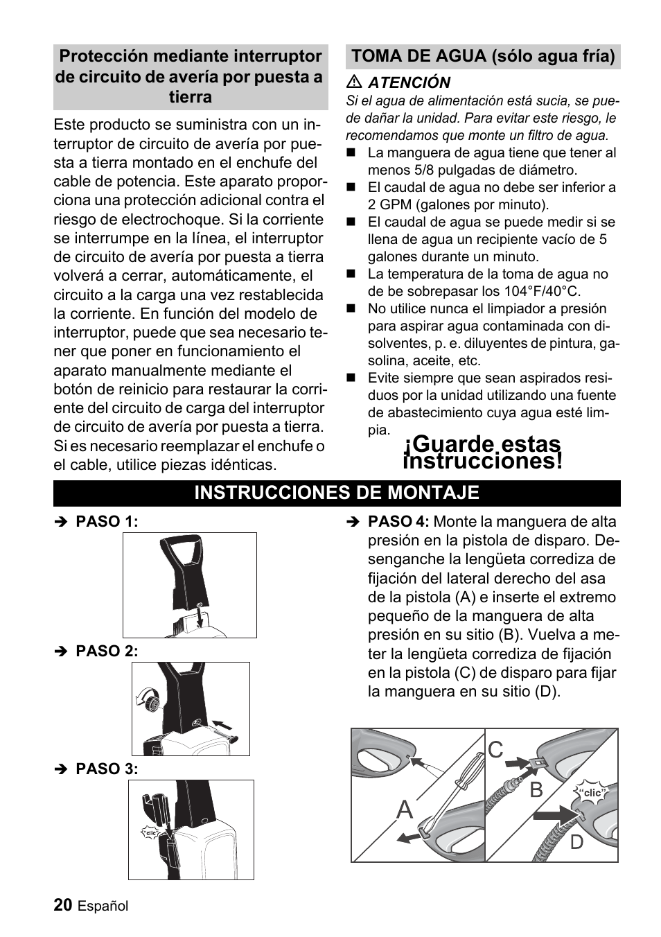 Guarde estas instrucciones, Instrucciones de montaje | Karcher K 3.99M User Manual | Page 20 / 48