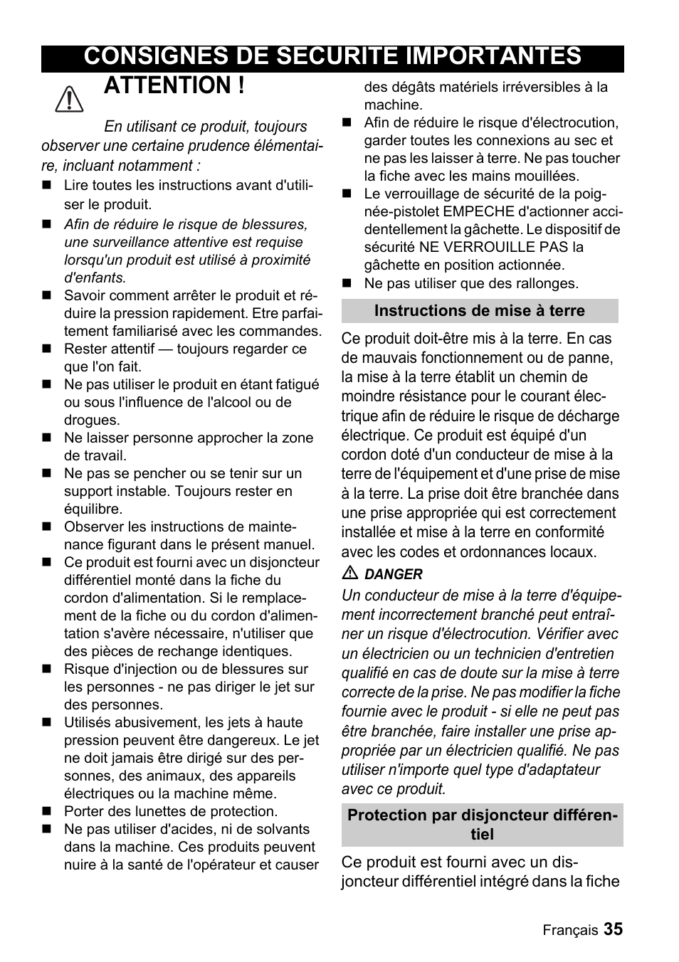 Attention, Consignes de securite importantes | Karcher K 3.99M User Manual | Page 35 / 48