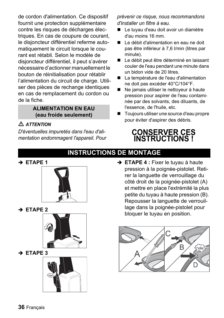 Conserver ces instructions, Instructions de montage | Karcher K 3.99M User Manual | Page 36 / 48