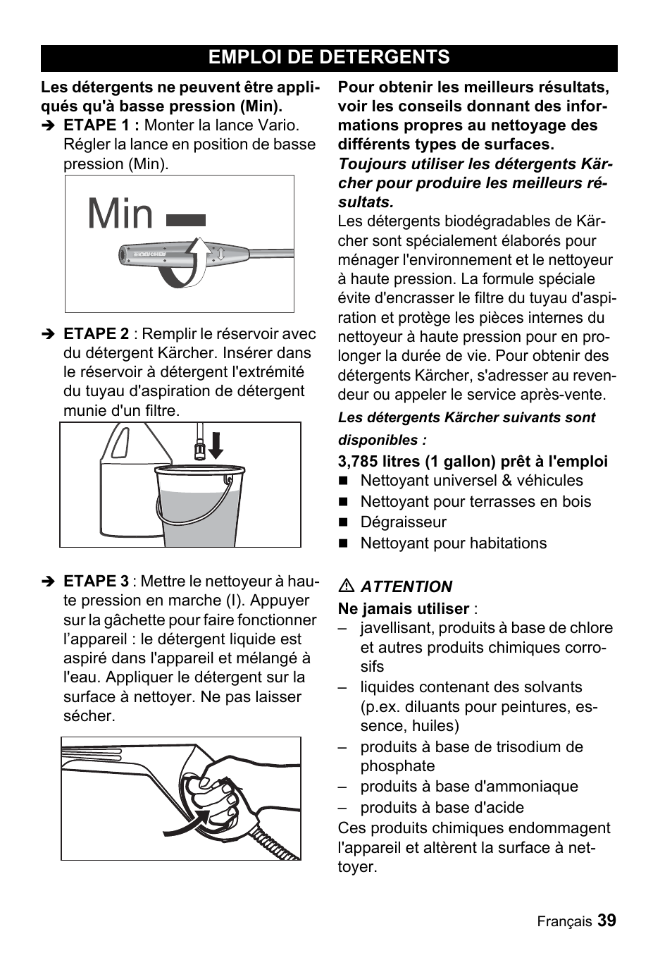 Emploi de detergents | Karcher K 3.99M User Manual | Page 39 / 48