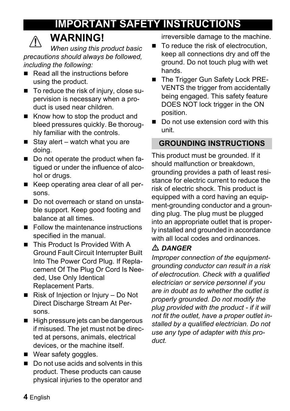 Warning, Important safety instructions | Karcher K 3.99M User Manual | Page 4 / 48