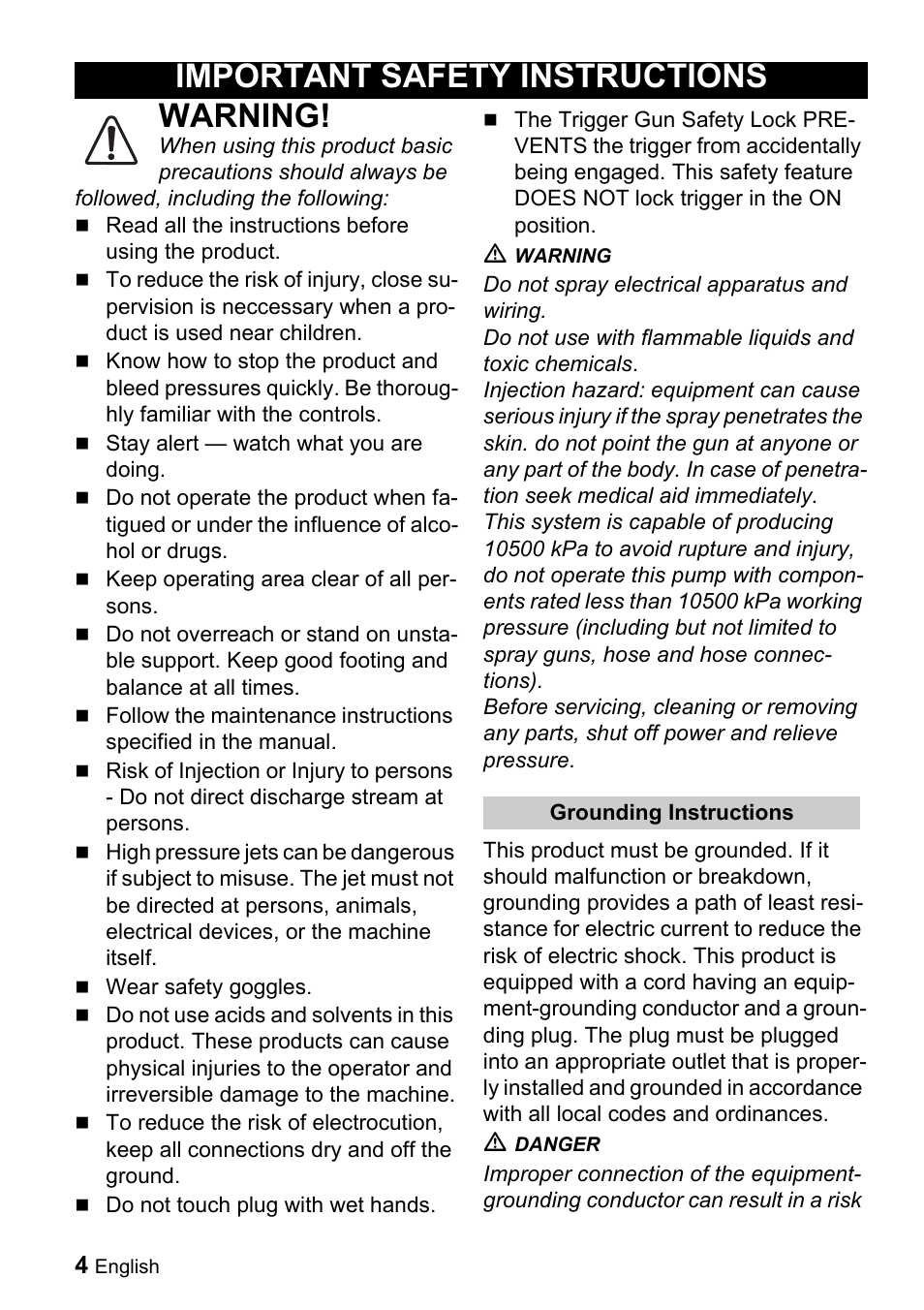 Warning, Important safety instructions | Karcher K 5.93 User Manual | Page 4 / 16