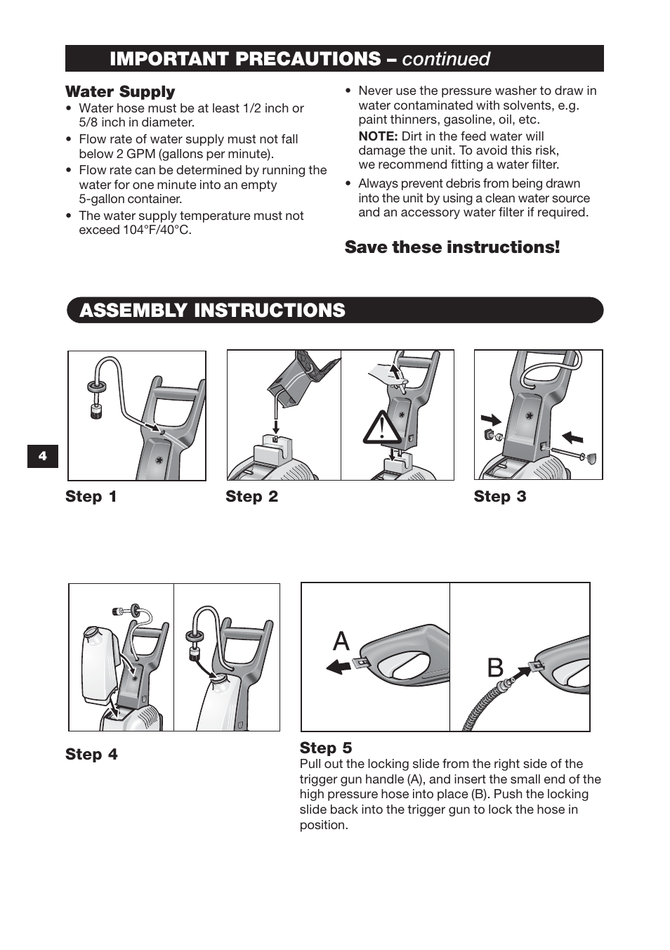 Important precautions – continued, Assembly instructions | Karcher K 3.79 M User Manual | Page 4 / 12
