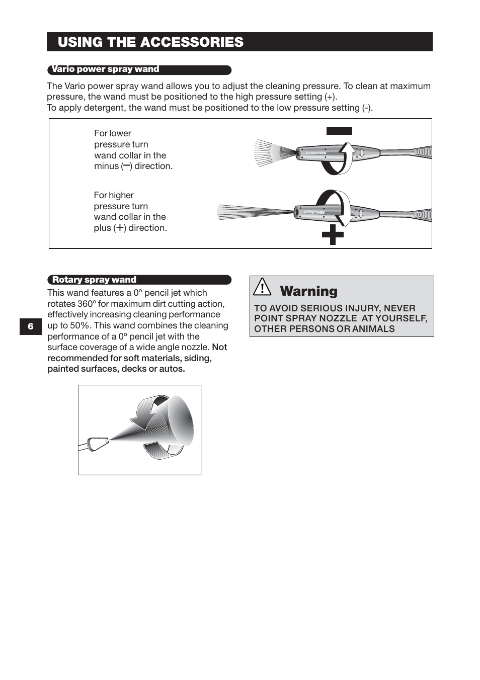 Using the accessories, Warning | Karcher K 3.79 M User Manual | Page 6 / 12