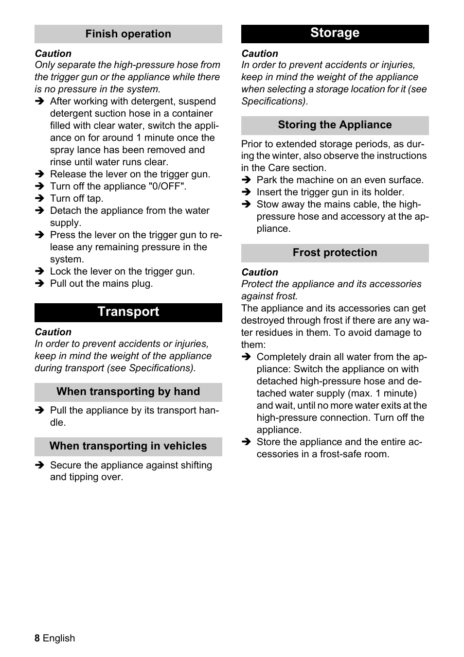 Transport, Storage | Karcher K 2.080 User Manual | Page 8 / 12