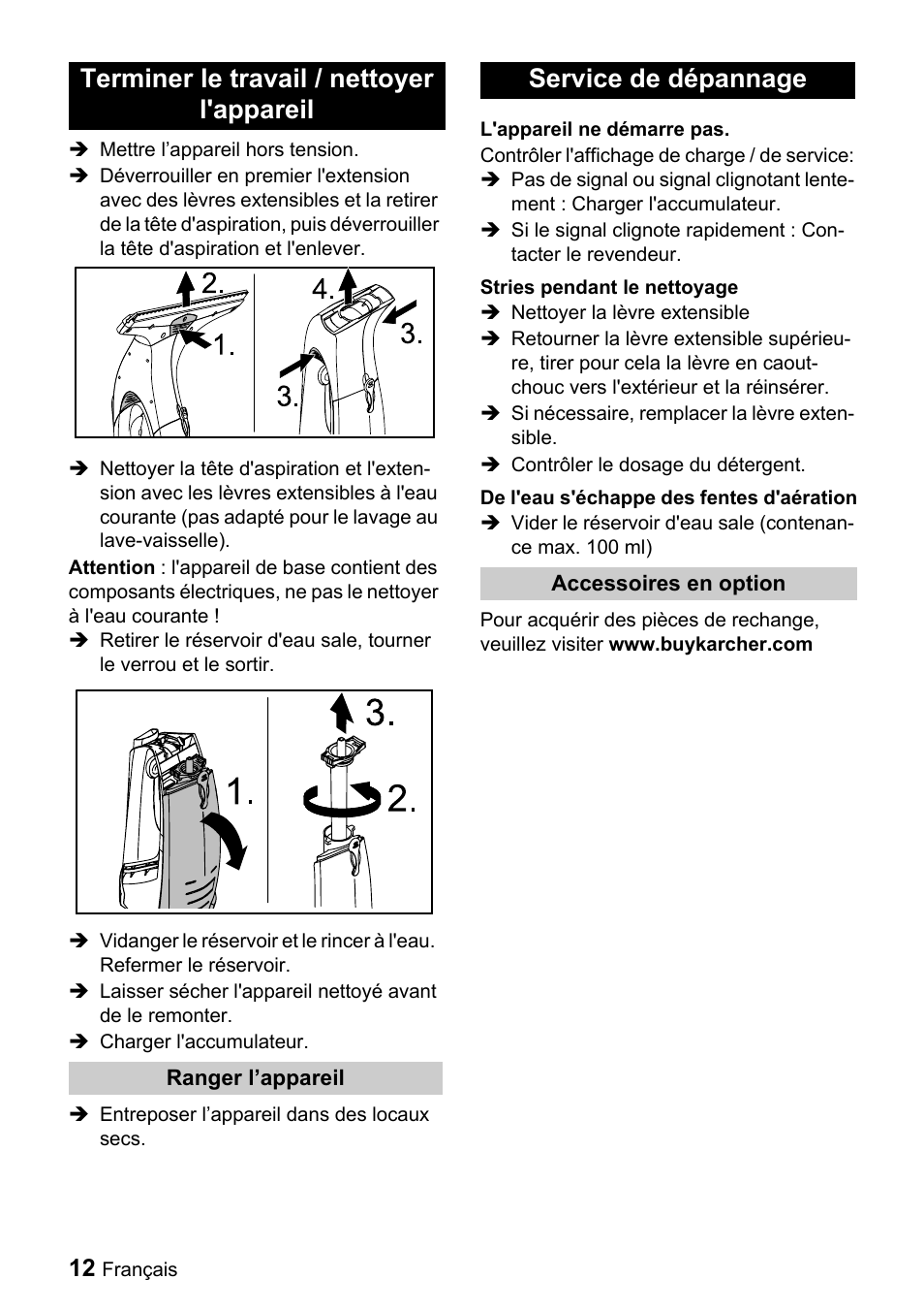 Terminer le travail / nettoyer l'appareil, Service de dépannage | Karcher WV 50 User Manual | Page 12 / 20