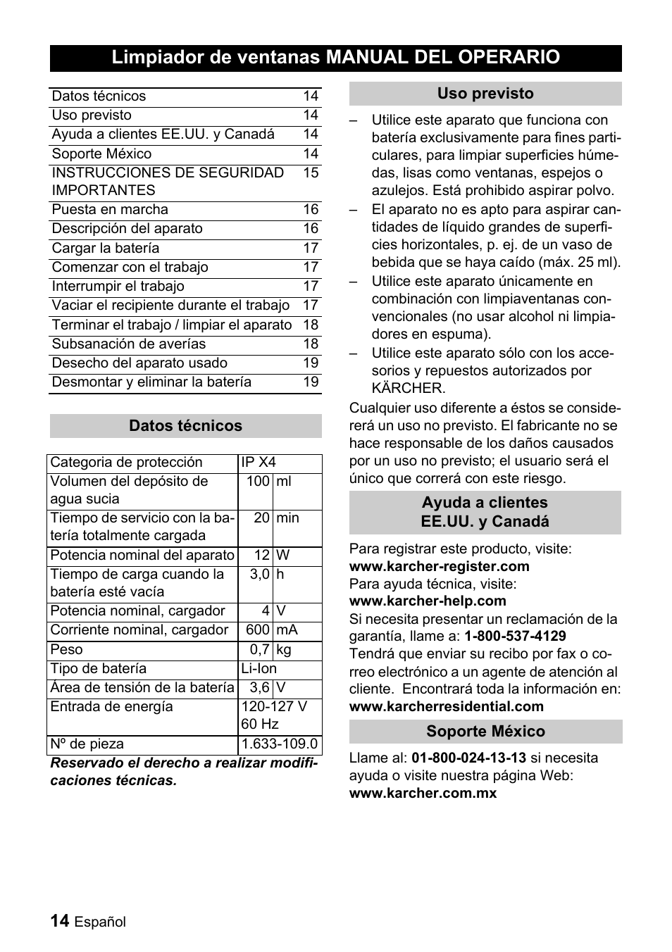 Limpiador de ventanas manual del operario | Karcher WV 50 User Manual | Page 14 / 20