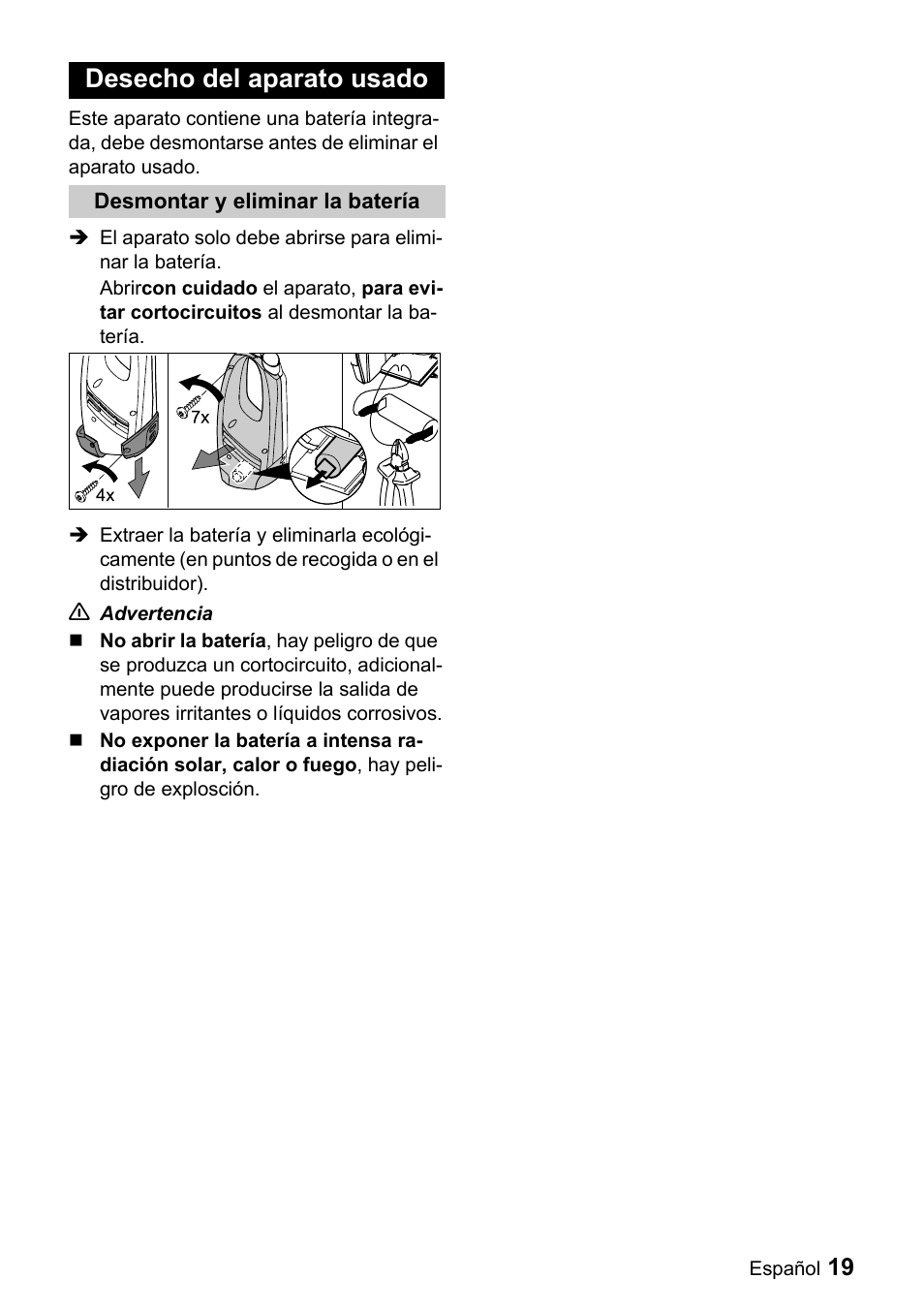 Desecho del aparato usado | Karcher WV 50 User Manual | Page 19 / 20