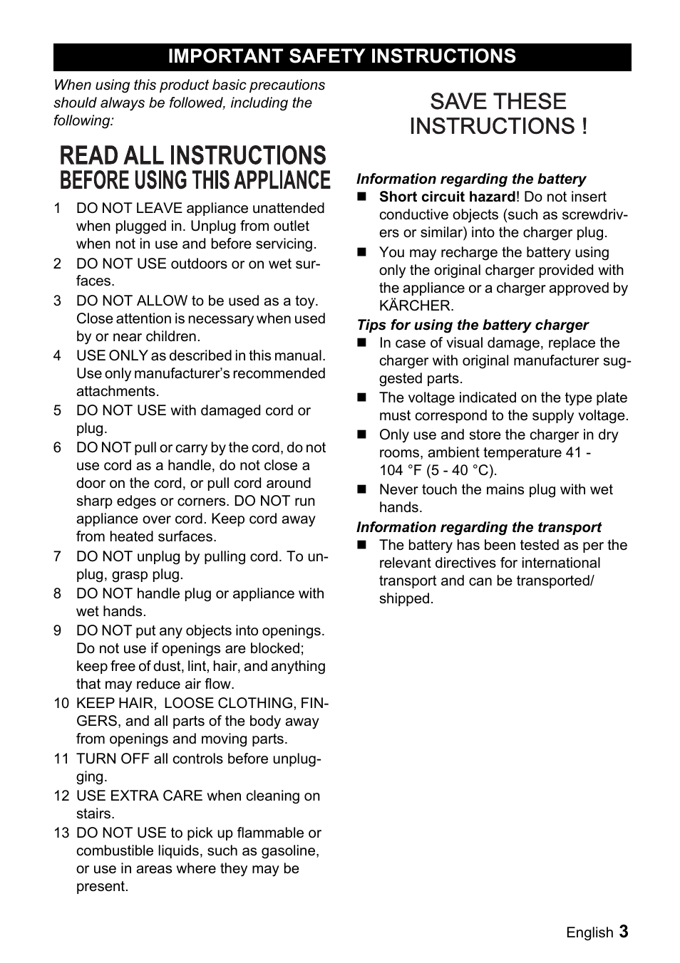 Important safety instructions | Karcher WV 50 User Manual | Page 3 / 20