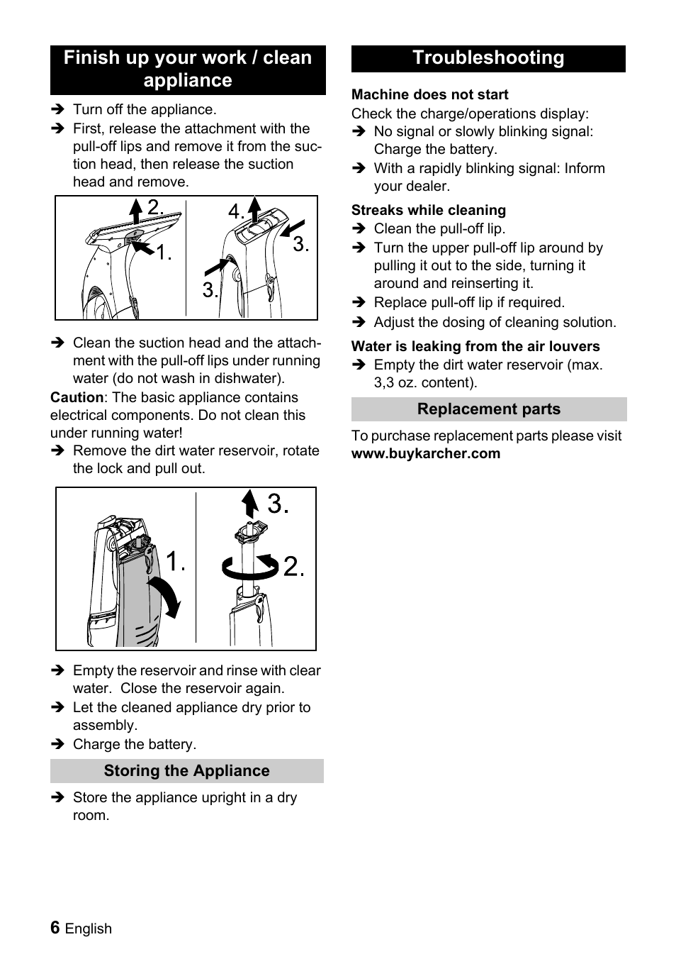 Finish up your work / clean appliance, Troubleshooting | Karcher WV 50 User Manual | Page 6 / 20