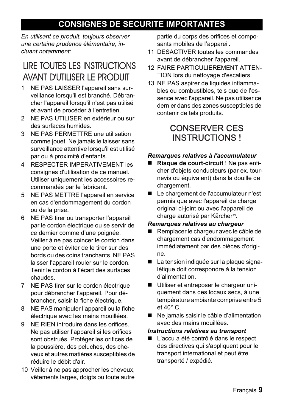 Consignes de securite importantes | Karcher WV 50 User Manual | Page 9 / 20