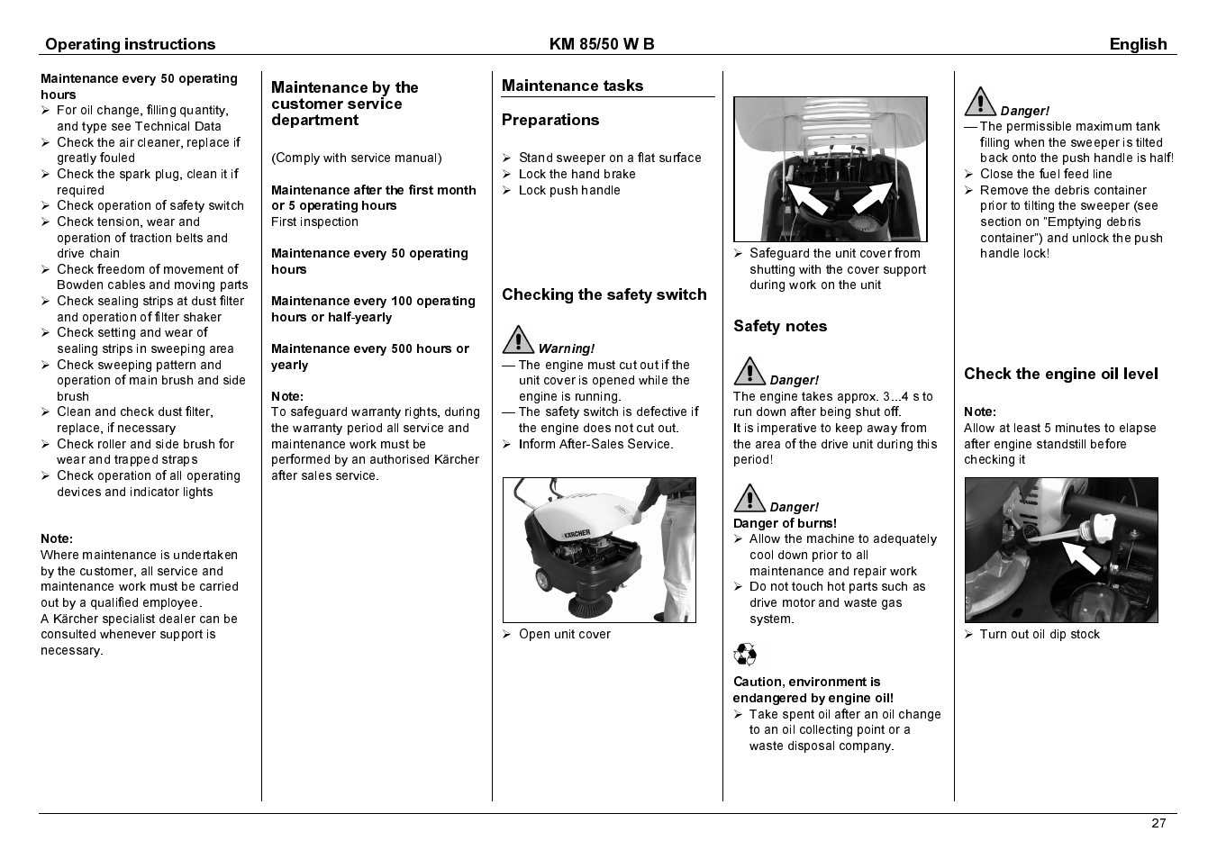 Operating instructions km 85/50 w b english, Maintenance by the customer service department, Maintenance tasks preparations | Checking the safety switch, Check the engine oil level | Karcher KM 85/50 W B User Manual | Page 10 / 17