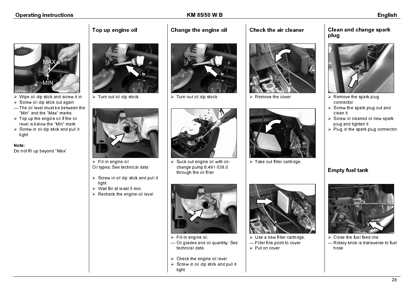 Operating instructions km 85/50 w b english, Top up engine oil, Change the engine oil | Check the air cleaner, Clean and change spark plug, Empty fuel tank | Karcher KM 85/50 W B User Manual | Page 11 / 17