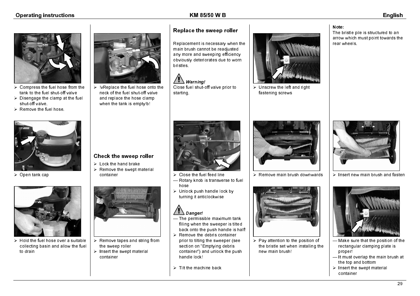 Operating instructions km 85/50 w b english, Check the sweep roller, Replace the sweep roller | Karcher KM 85/50 W B User Manual | Page 12 / 17