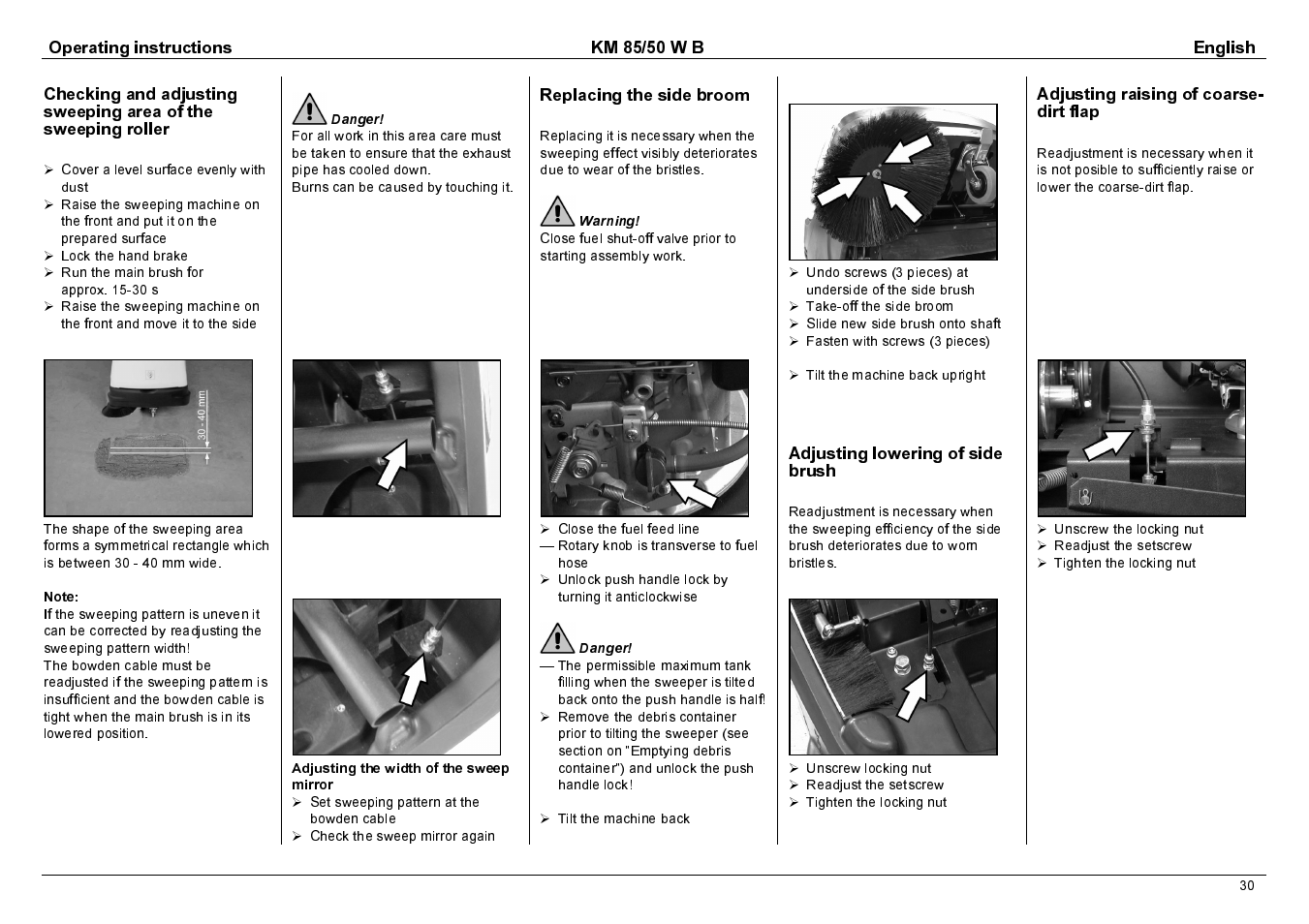 Operating instructions km 85/50 w b english, Replacing the side broom, Adjusting lowering of side brush | Adjusting raising of coarse- dirt flap | Karcher KM 85/50 W B User Manual | Page 13 / 17