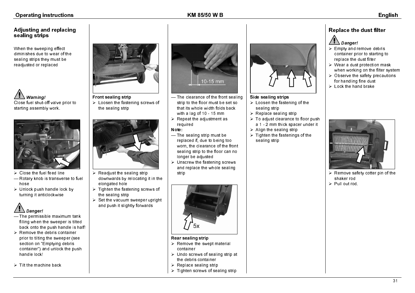 Operating instructions km 85/50 w b english, Adjusting and replacing sealing strips, Replace the dust filter | Karcher KM 85/50 W B User Manual | Page 14 / 17