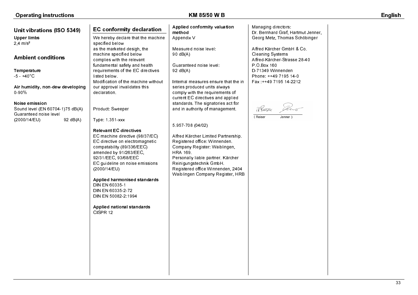 Operating instructions km 85/50 w b english, Unit vibrations (iso 5349), Ambient conditions | Ec conformity declaration | Karcher KM 85/50 W B User Manual | Page 16 / 17