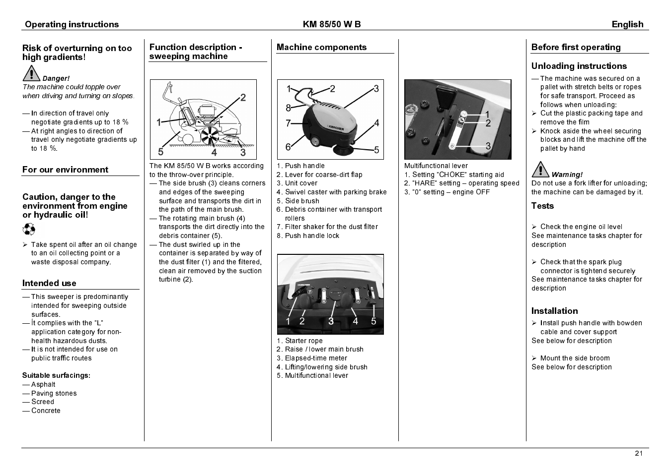 Operating instructions km 85/50 w b english, Risk of overturning on too high gradients, Intended use | Function description - sweeping machine, Machine components, Before first operating unloading instructions, Tests, Installation | Karcher KM 85/50 W B User Manual | Page 4 / 17