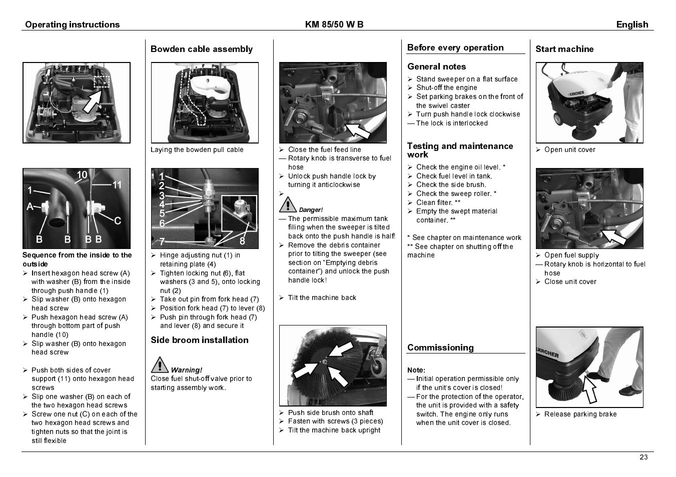 Operating instructions km 85/50 w b english, Bowden cable assembly, Side broom installation | Testing and maintenance work, Commissioning, Start machine | Karcher KM 85/50 W B User Manual | Page 6 / 17