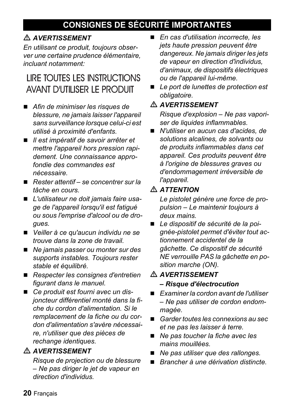 Consignes de sécurité importantes | Karcher K 5.68 M User Manual | Page 20 / 52