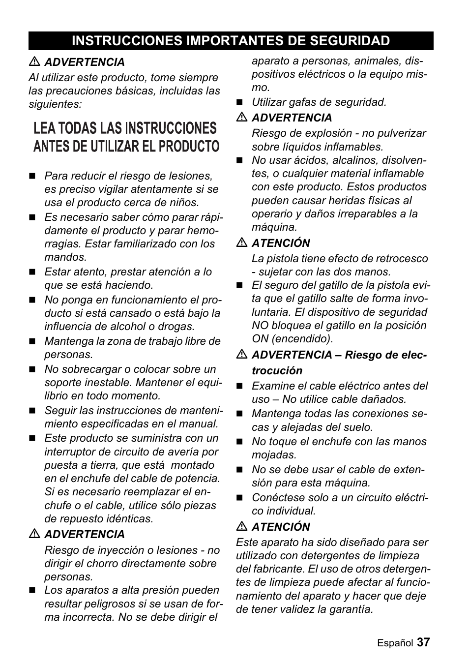 Instrucciones importantes de seguridad | Karcher K 5.68 M User Manual | Page 37 / 52