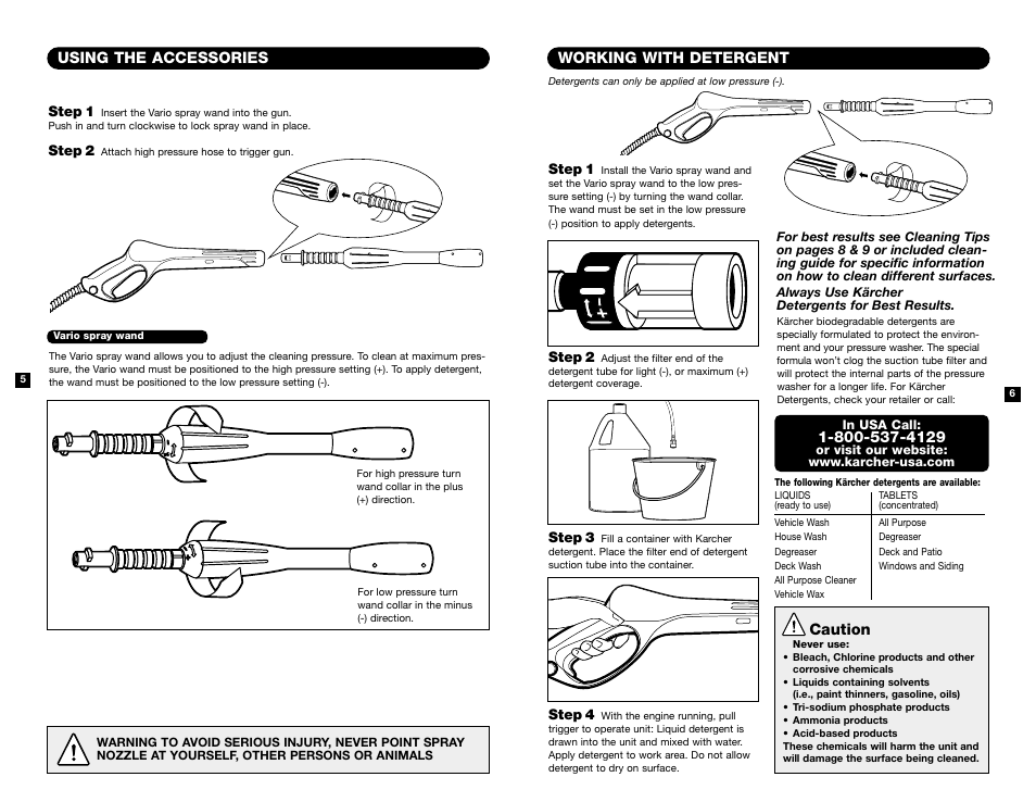 Using the accessories, Working with detergent, Caution | Karcher K 2301 User Manual | Page 4 / 7