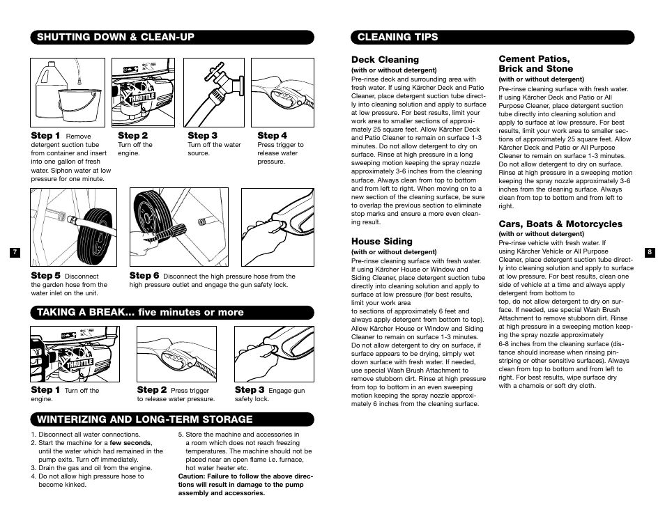 Cleaning tips, Shutting down & clean-up, Winterizing and long-term storage | Taking a break... five minutes or more | Karcher K 2301 User Manual | Page 5 / 7