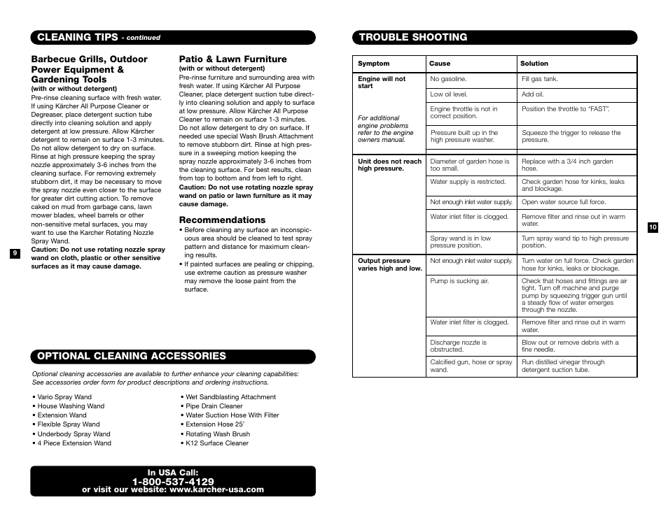 Trouble shooting, Cleaning tips, Optional cleaning accessories | Karcher K 2301 User Manual | Page 6 / 7