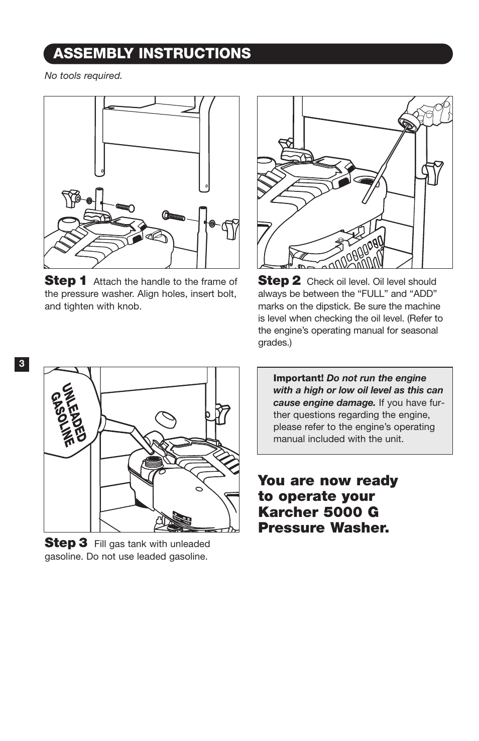 Assembly instructions, Step 1, Step 2 | Step 3 | Karcher K 5000 G User Manual | Page 4 / 12