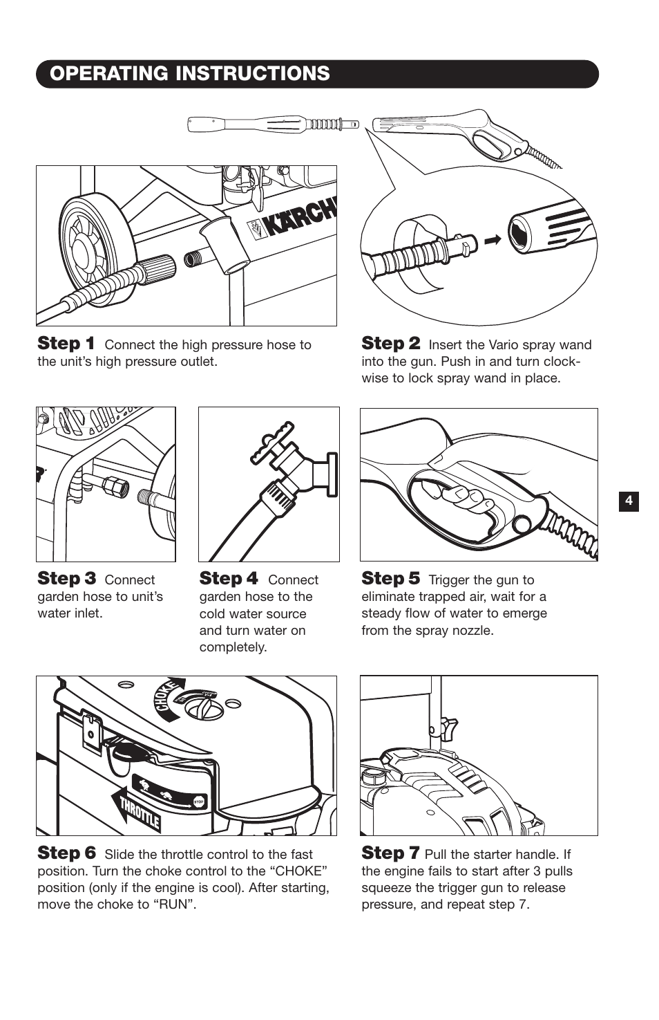 Operating instructions, Step 6, Step 7 | Step 1, Step 2, Step 3, Step 4, Step 5 | Karcher K 5000 G User Manual | Page 5 / 12