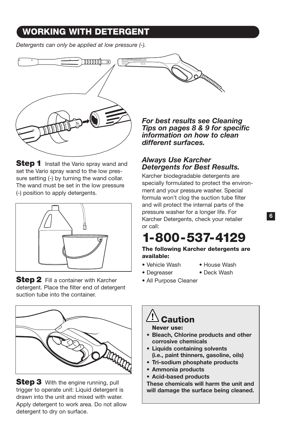 Working with detergent, Caution, Step 1 | Step 2, Step 3 | Karcher K 5000 G User Manual | Page 7 / 12