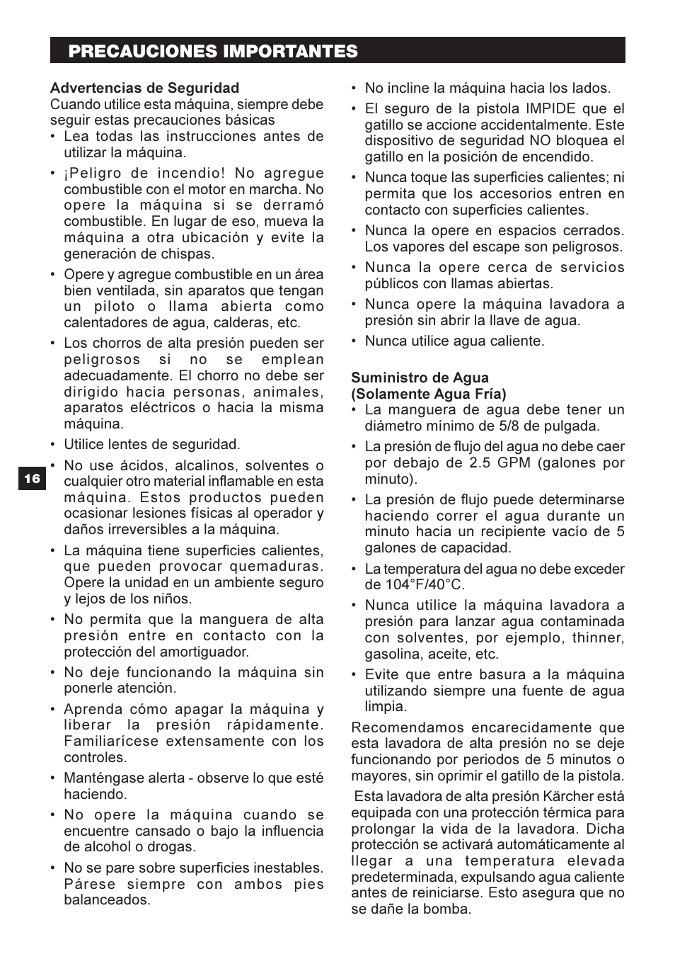 Precauciones importantes – read first | Karcher G 2401 OH User Manual | Page 16 / 40