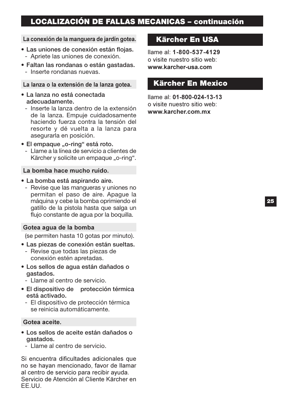 Localización de fallas mecanicas – continuación, Kärcher en usa, Kärcher en mexico | Karcher G 2401 OH User Manual | Page 25 / 40